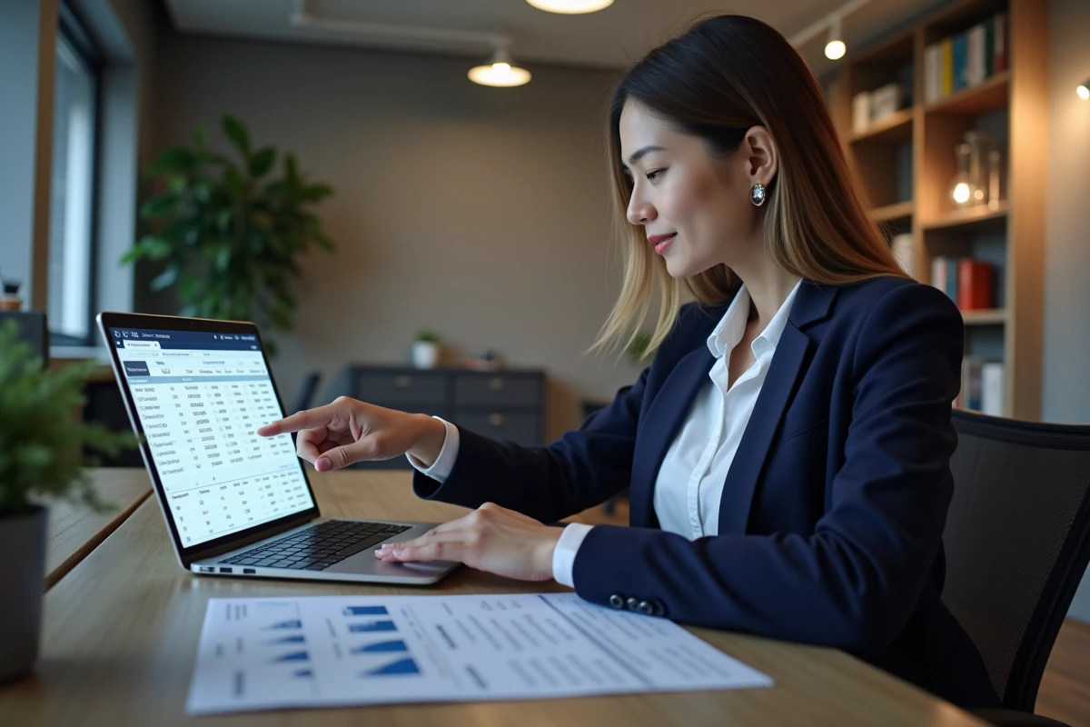Conseillère financière analysant un tableau d'amortissement de prêt PTZ sur ordinateur portable dans un bureau moderne