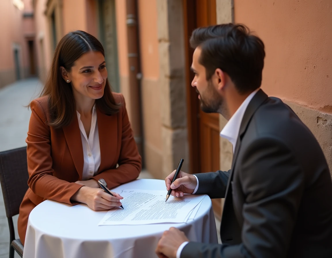 Conseillère juridique et acheteur étranger discutant d'un contrat d'achat de riad dans la médina de Marrakech