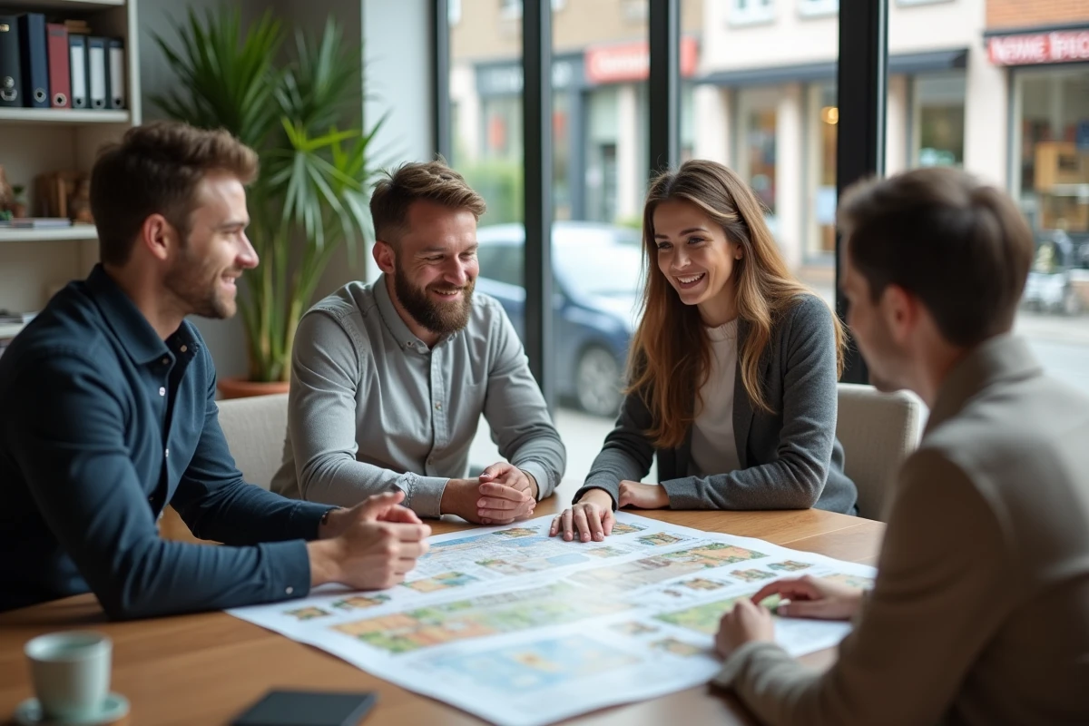 Couple en consultation avec un conseiller immobilier local dans une agence moderne