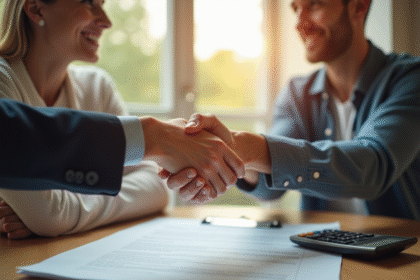Propriétaire et locataire souriants signant un contrat de location dans un salon lumineux