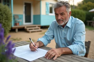 Homme examinant un contrat de rachat de mobil home à l'extérieur d'un parc résidentiel