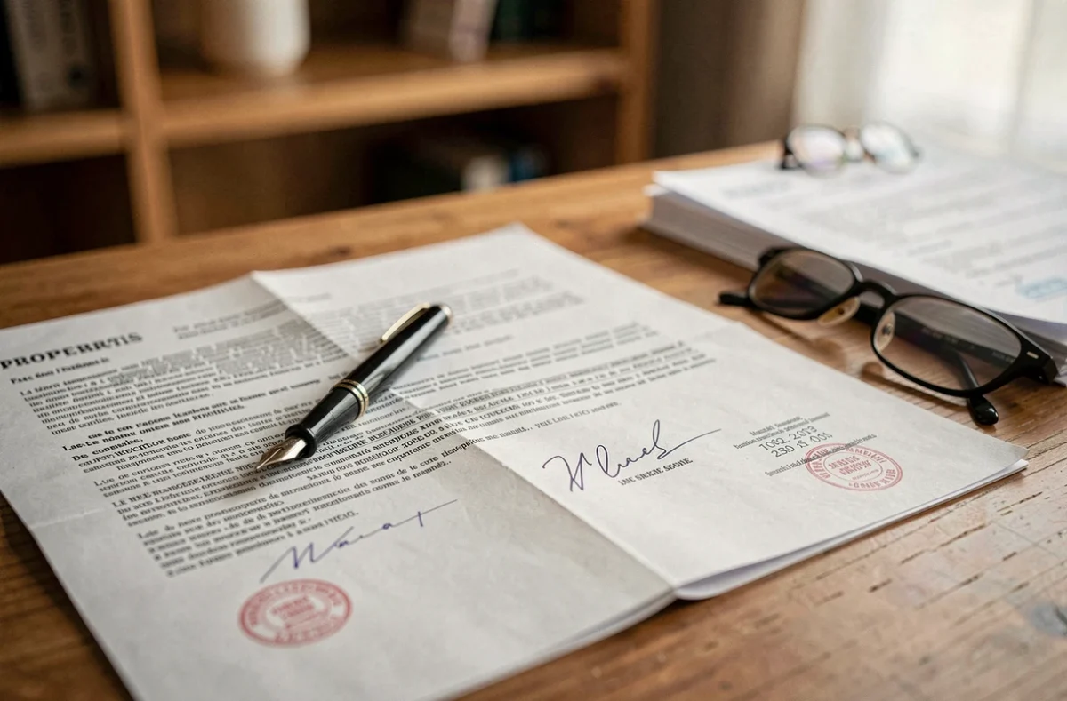 Gros plan sur un contrat de vente immobilière avec stylo plume et annotations manuscrites sur un bureau en bois