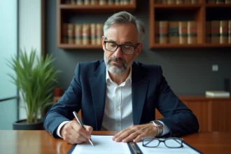 Homme d'affaires en costume marine examinant un contrat immobilier à son bureau, stylo en main, dans un bureau professionnel avec bibliothèque juridique en arrière-plan