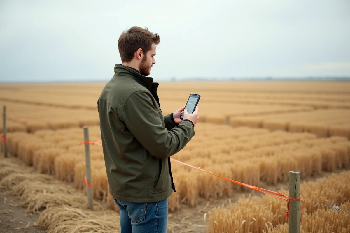 Jeune homme utilisant une application de conversion acre en m² sur smartphone au milieu d'un champ de chaume après récolte