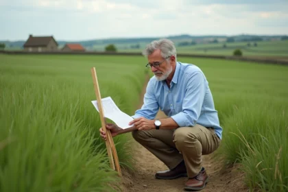 Homme mesurant un terrain agricole d'un acre avec une fiche de conversion en main, au bord d'un vaste champ vert