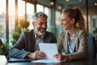Couple souriant rencontrant un banquier dans un bureau moderne en France