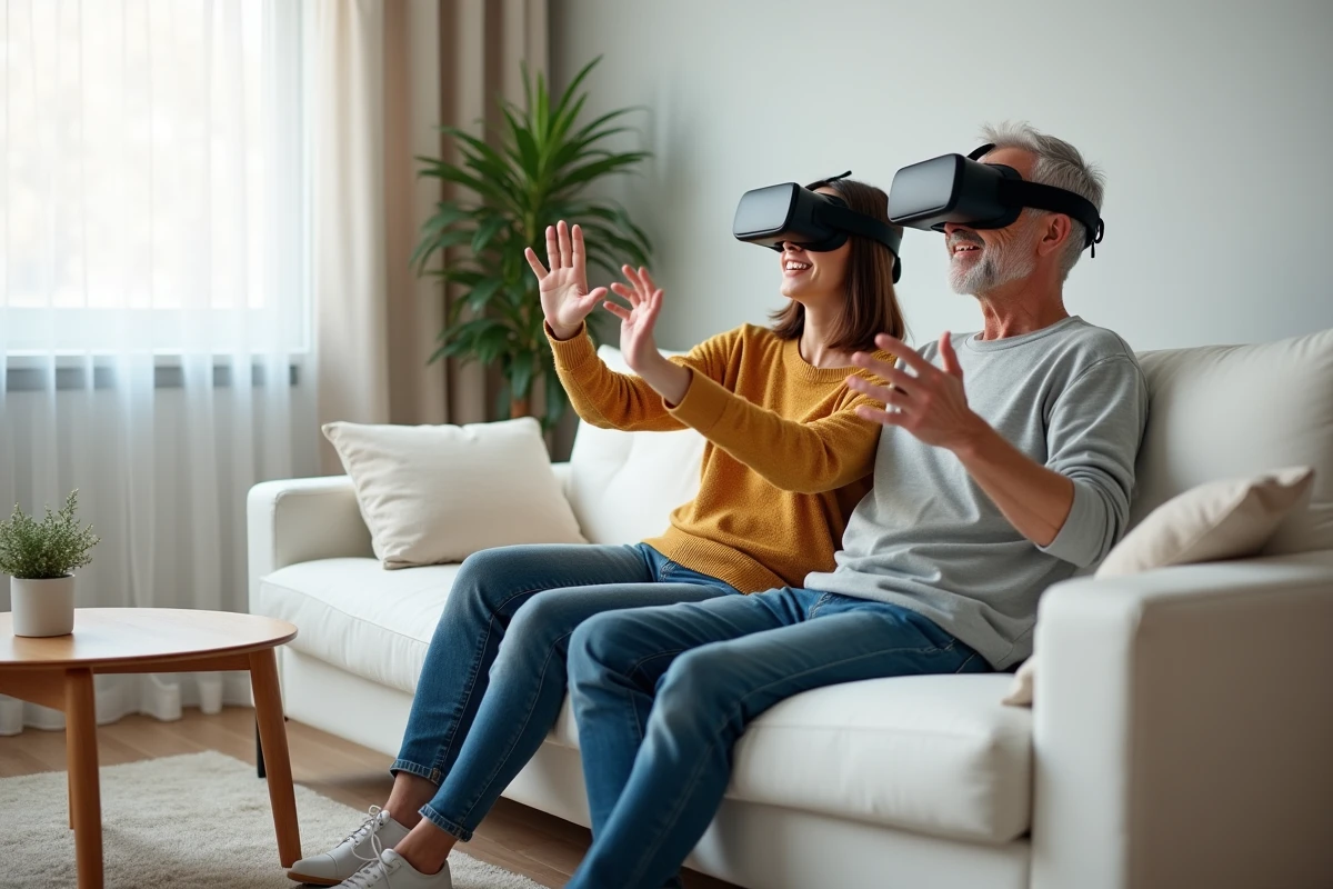 Couple portant des casques VR pour explorer une visite immobilière virtuelle depuis leur salon en 2026