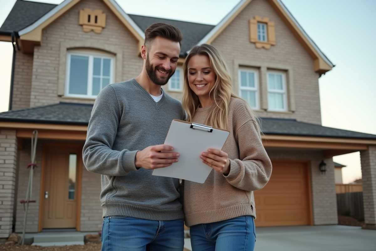 Jeune couple examinant façade de maison en extérieur