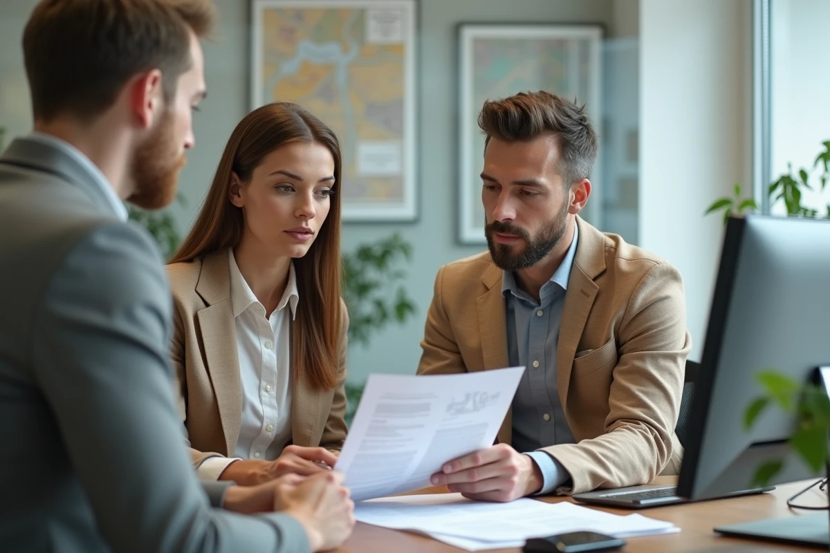 Couple consultant un notaire à Limoges pour la signature d'un acte immobilier, documents et pièces justificatives sur le bureau