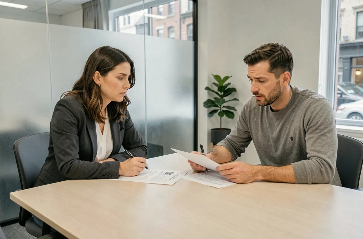 Couple en réunion avec un conseiller immobilier étudiant des documents contractuels dans un bureau moderne vitré