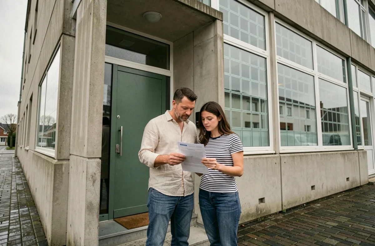 Couple examinant un contrat d'assurance habitation devant un immeuble typique du quartier Perret au Havre