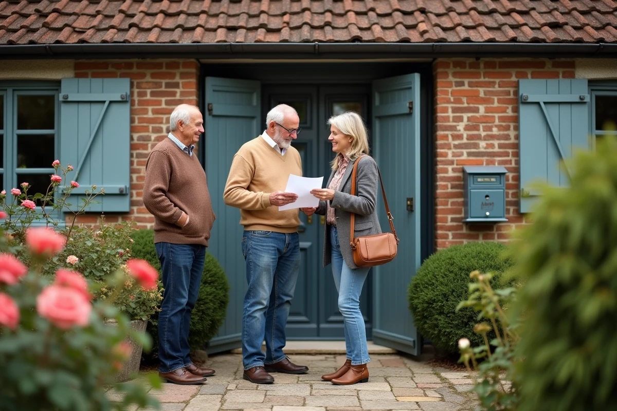 Couple âgé et jeune femme devant une maison en Normandie
