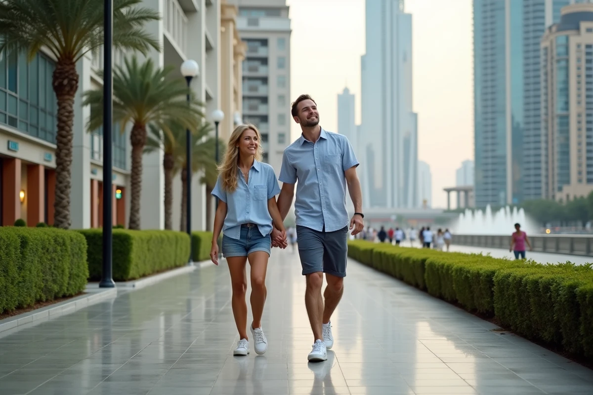 Couple explorant le quartier Downtown Dubai à pied, observant les immeubles résidentiels lors d'un court séjour avant installation