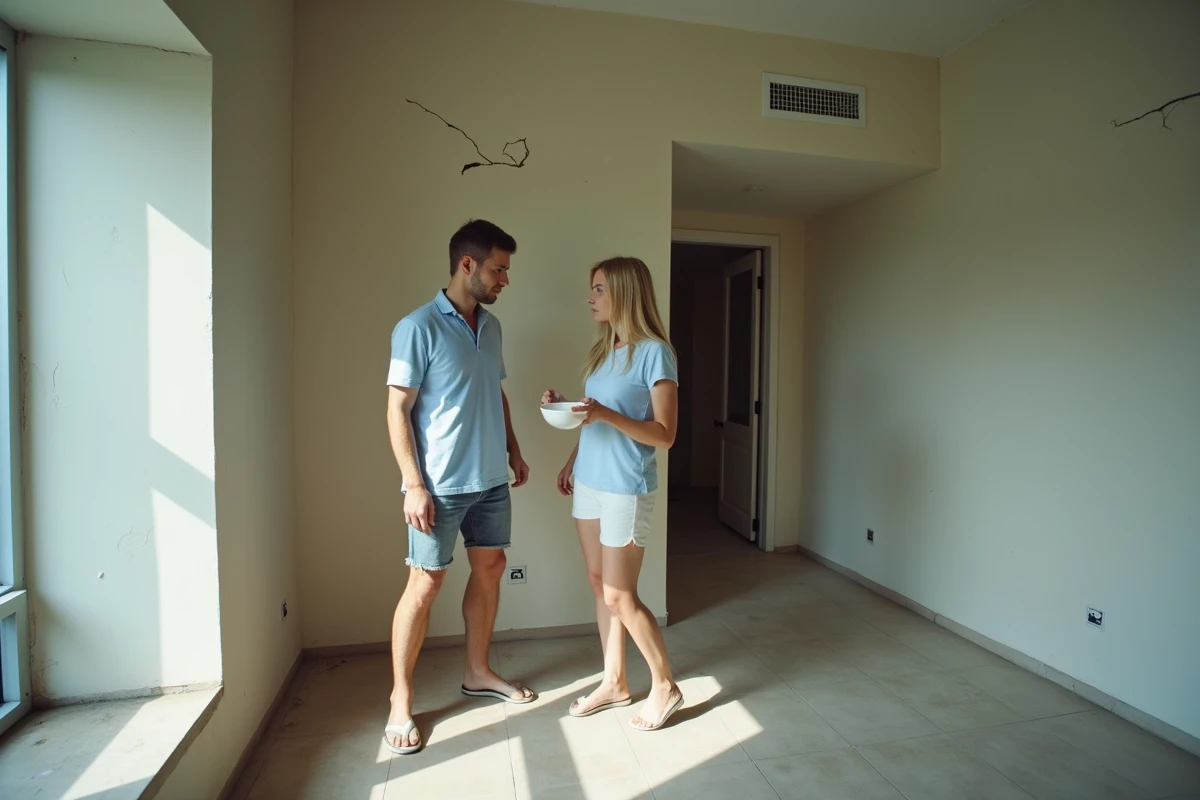 Couple français inspectant un appartement à louer en Thaïlande avec des défauts visibles avant signature