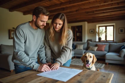 Jeune couple avec chien examine un contrat dans un intérieur normand