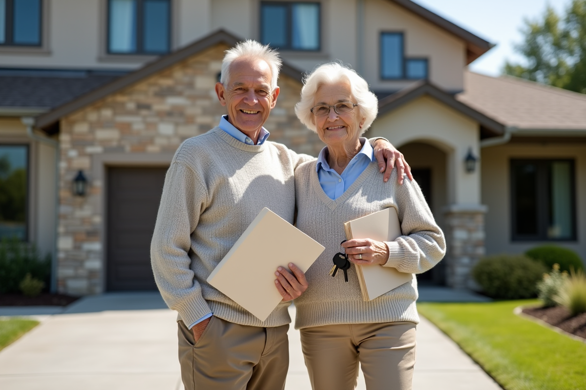 Couple âgé avec clés devant leur maison moderne