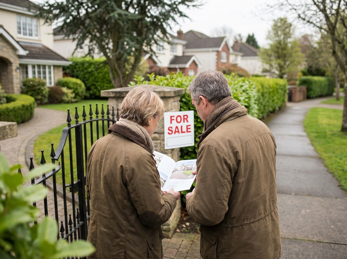 Couple regardant une maison a vendre dans un quartier résidentiel