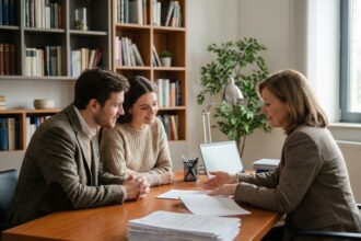 Jeune couple et notaire dans un bureau chaleureux