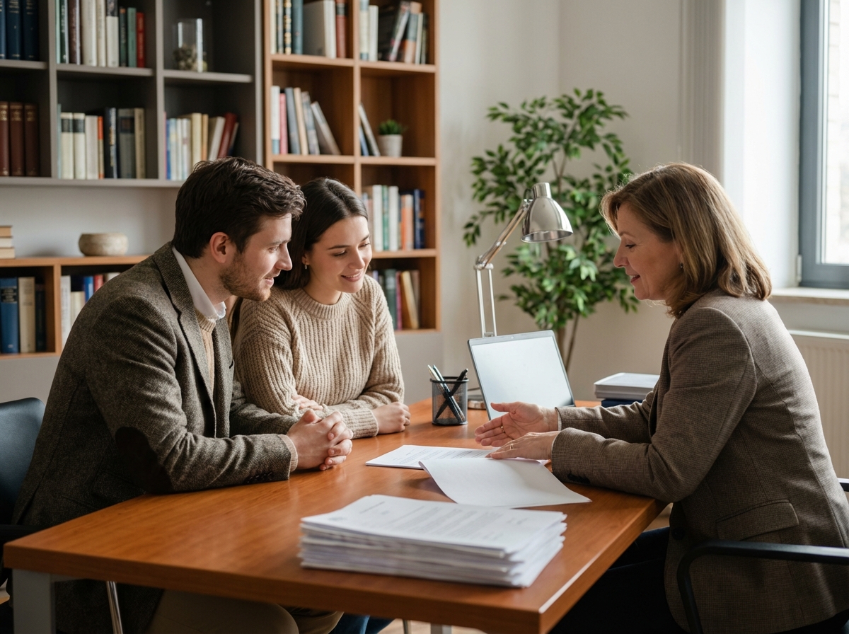 Jeune couple et notaire dans un bureau chaleureux