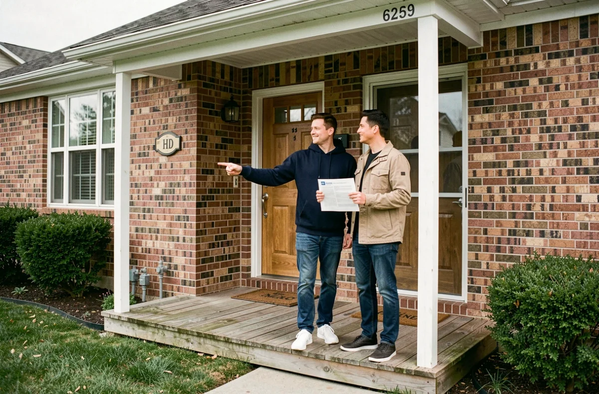 Couple de propriétaires tenant un contrat d'assurance habitation devant leur maison