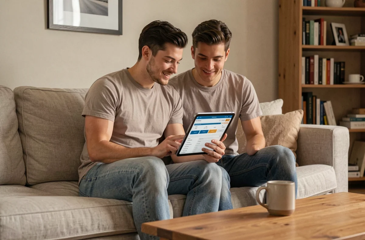 Jeune couple cherchant une assurance habitation pas chère sur une tablette dans leur appartement