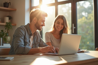 Jeune couple cherchant logement sur un laptop lumineux