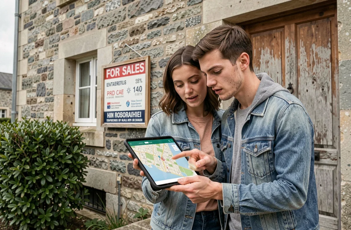 Couple regardant les prix immobiliers locaux sur smartphone devant une maison en pierre à vendre en France