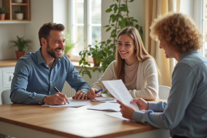 Couple souriant avec conseiller en assurance hypotheque