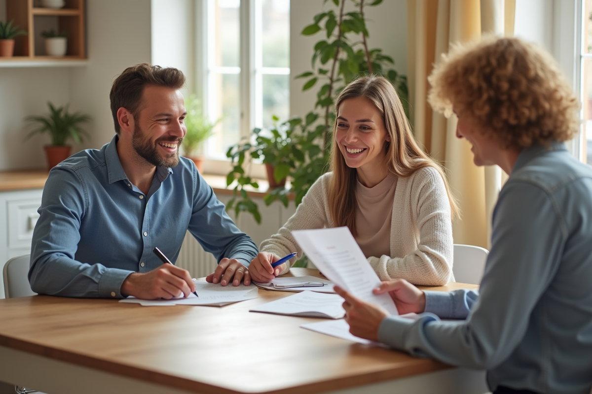 Couple souriant avec conseiller en assurance hypotheque