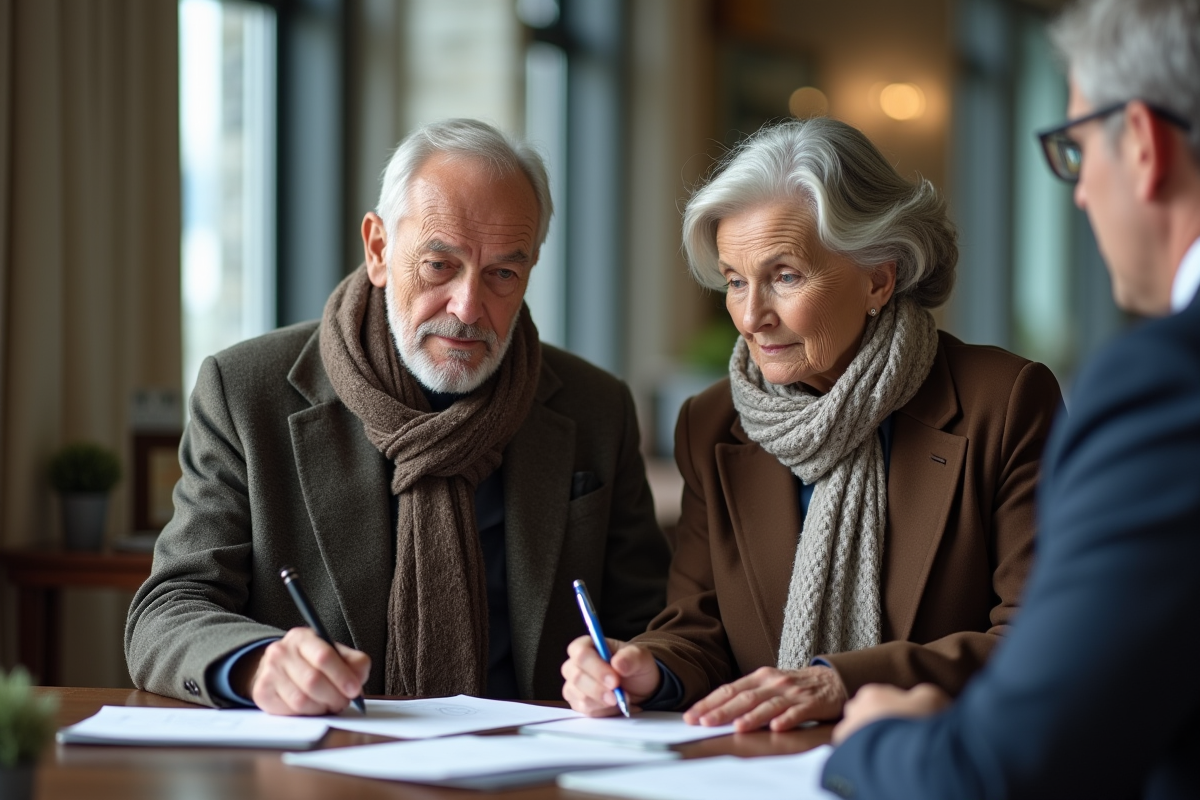 Couple senior attentif lors d'un rendez-vous bancaire