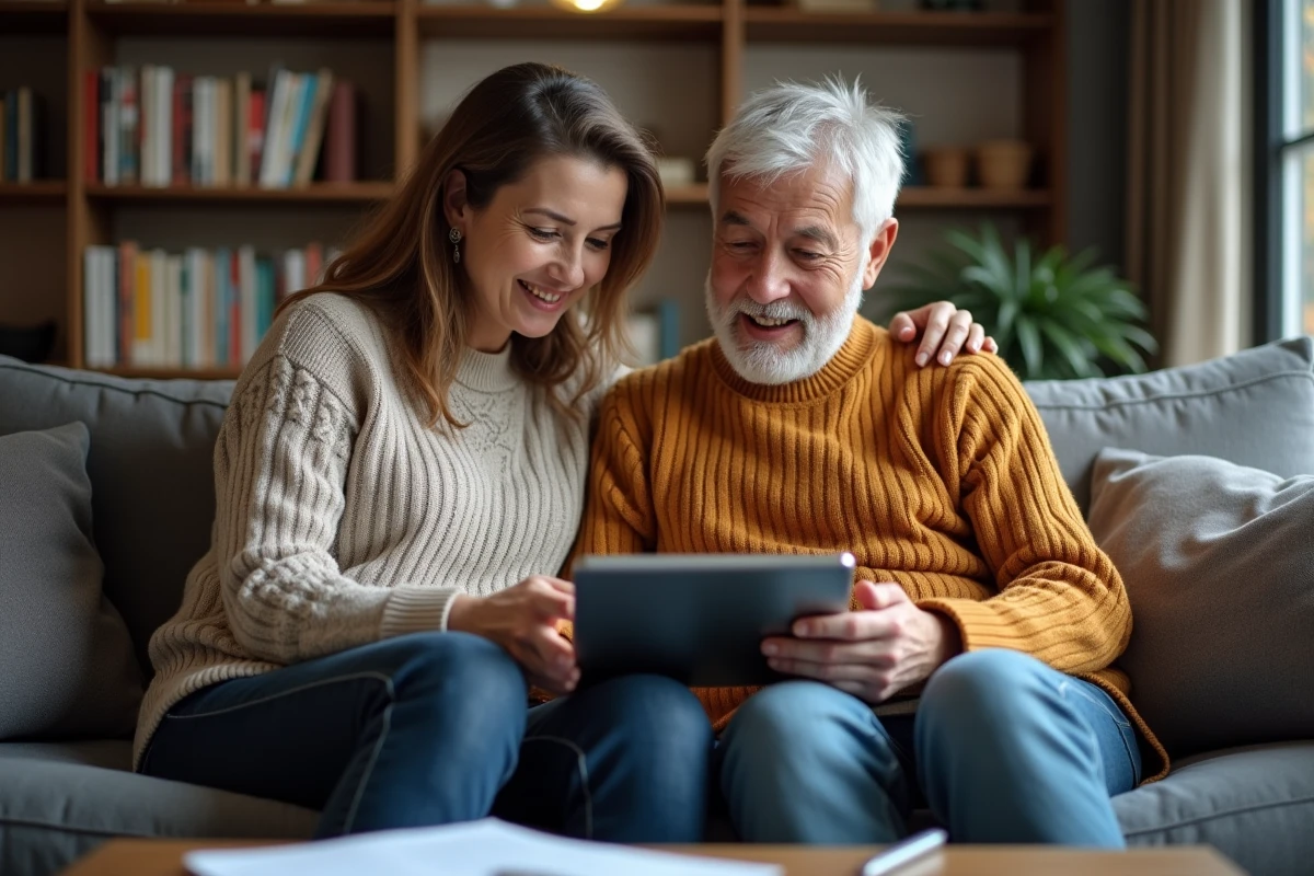Couple en train d'étudier une simulation de remboursement anticipé PTZ sur une tablette dans leur salon