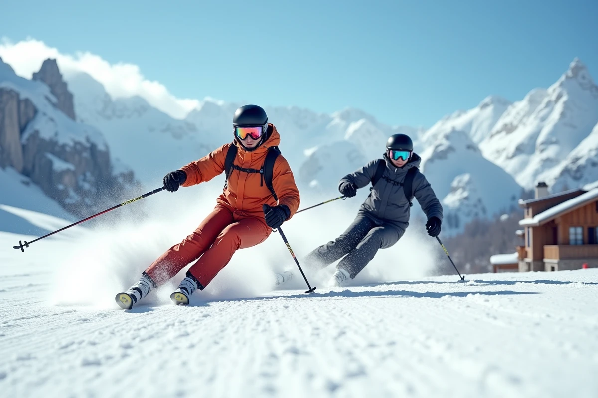 Couple de skieurs sur les pistes bien entretenues des Menuires avec téléphérique et chalets en arrière-plan