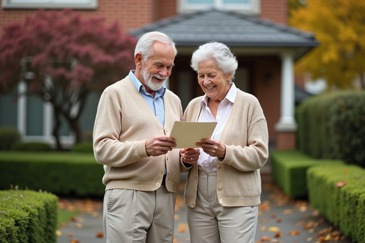 Couple âgé souriant devant leur maison dans la rue