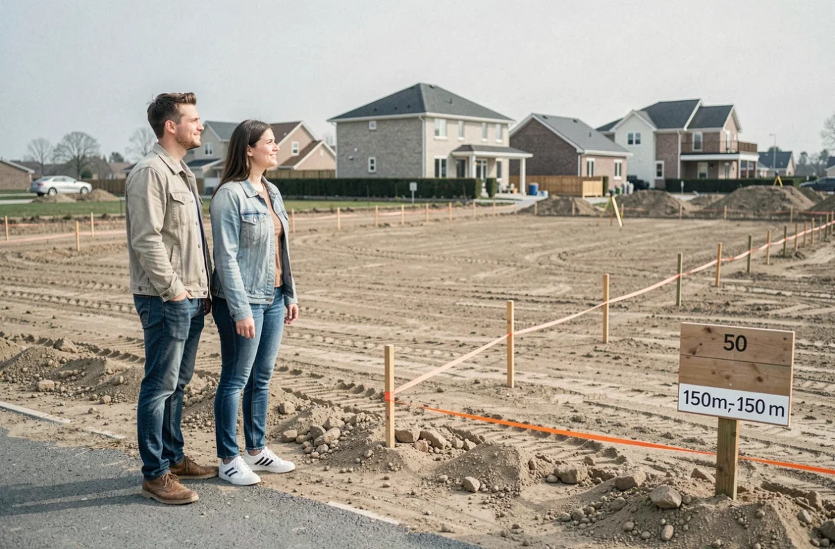 Couple visitant un terrain à bâtir de 15 ares délimité par des piquets de bornage dans un lotissement en construction