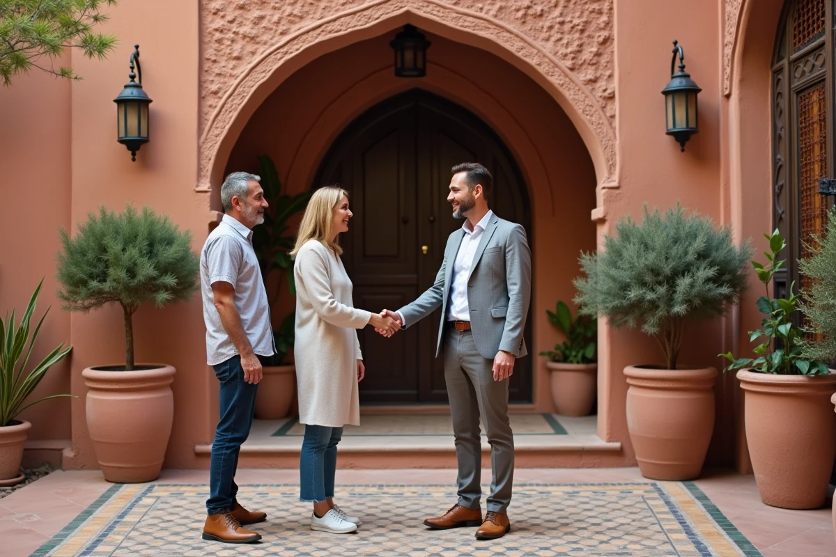 Couple et agent immobilier devant une riad à Marrakech