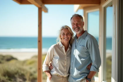 Couple souriant sur la terrasse face à la mer