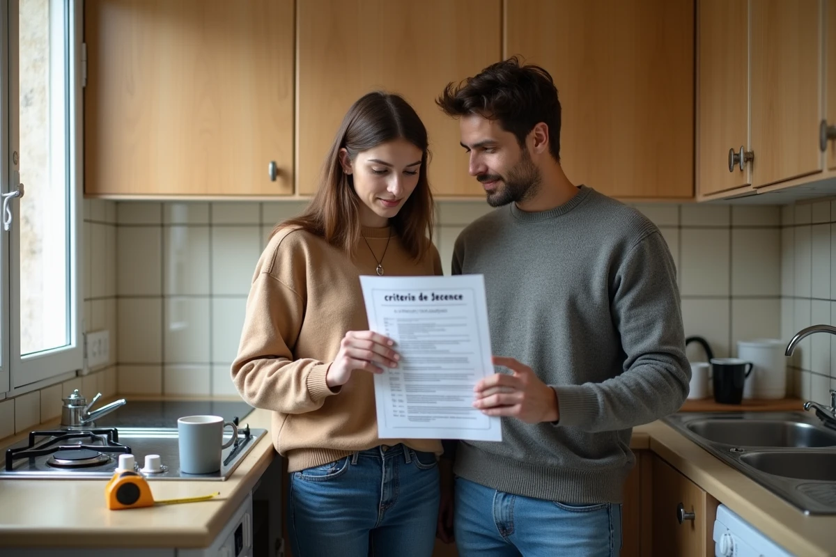Couple vérifiant les critères de décence d'un logement locatif dans une petite cuisine avec checklist imprimée