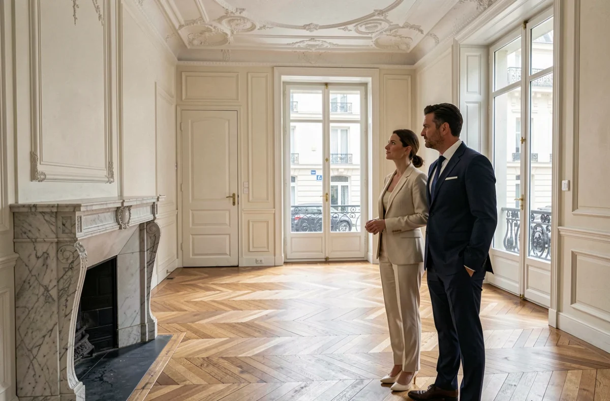 Couple aisé visitant un appartement haussmannien de prestige à Paris, inspectant les détails architecturaux de l'entrée avec parquet en chevrons et moulures dorées