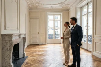 Couple aisé visitant un appartement haussmannien de prestige à Paris, inspectant les détails architecturaux de l'entrée avec parquet en chevrons et moulures dorées