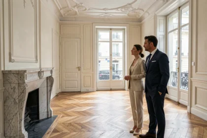 Couple aisé visitant un appartement haussmannien de prestige à Paris, inspectant les détails architecturaux de l'entrée avec parquet en chevrons et moulures dorées