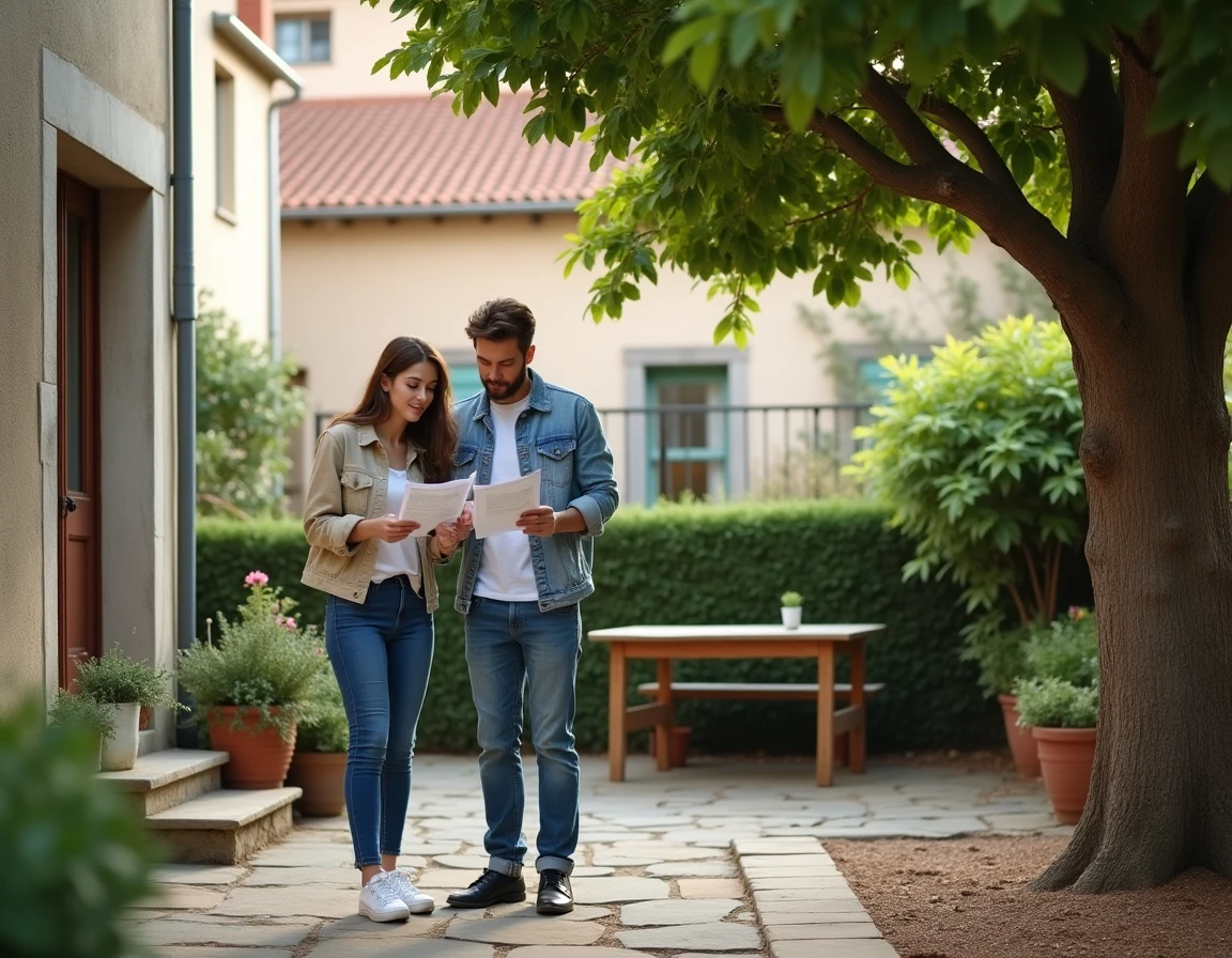Couple visitant une petite maison avec jardin à louer chez un particulier dans un quartier résidentiel du sud de la France
