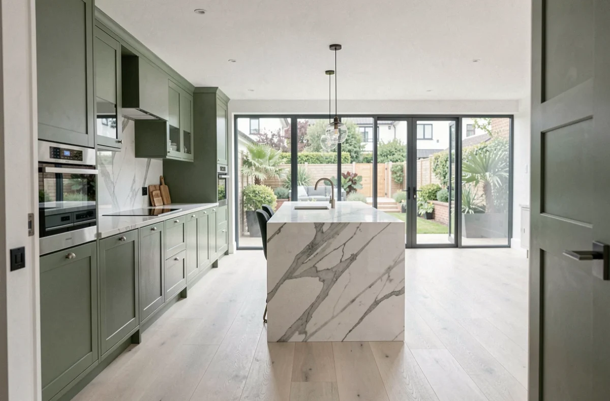 Cuisine de prestige en cabineterie italienne vert sauge avec îlot en marbre Calacatta et parquet chêne dans un appartement haut de gamme vu lors d'une visite immobilière