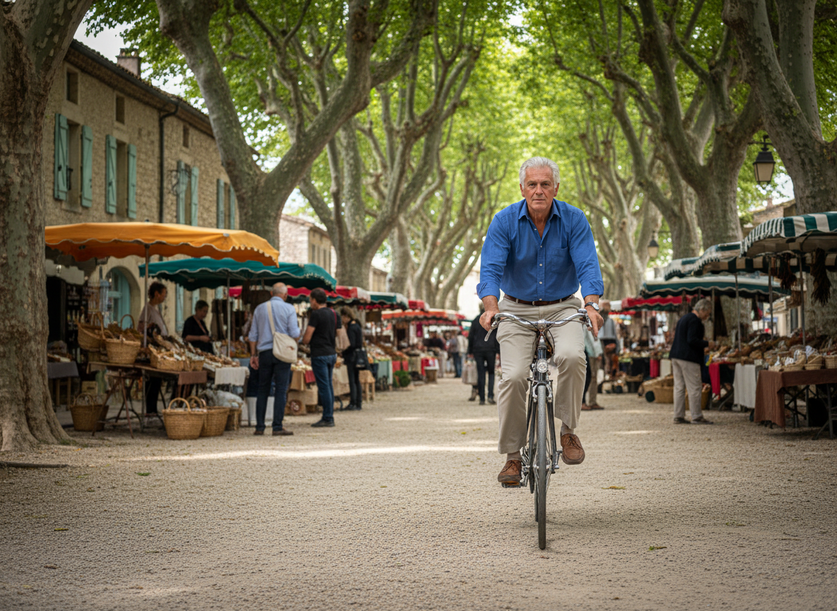 Homme retraité à vélo dans village avec maisons anciennes
