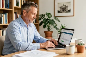 Propriétaire homme complétant un devis assurance habitation en ligne depuis son bureau à domicile