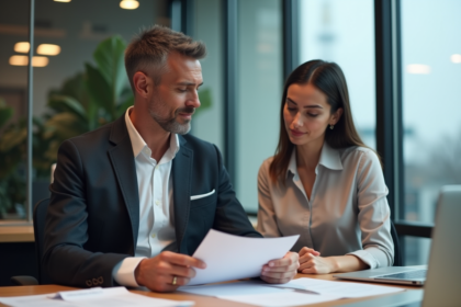 Homme d'affaires en blazer discutant avec une femme au bureau