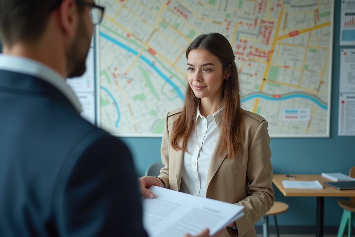 Jeune femme en bureau discutant de plans urbains