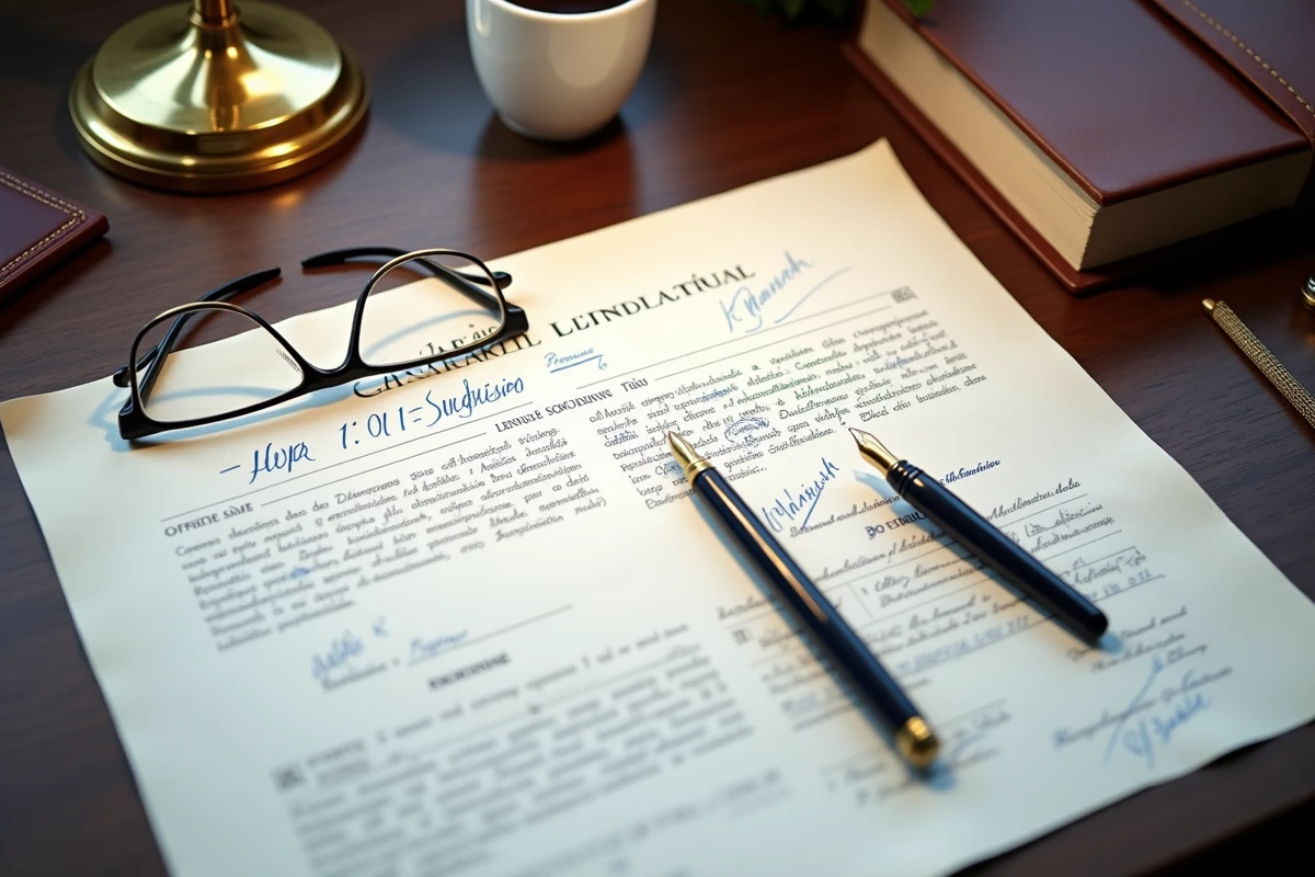 Gros plan d'un document notarié de succession immobilière avec sceau officiel et stylo plume sur bureau en noyer