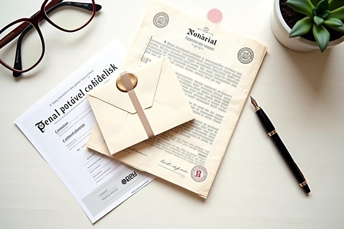 Vue aérienne d'un dossier notarial avec acte de propriété, pièces justificatives et stylo plume sur un bureau en bois clair