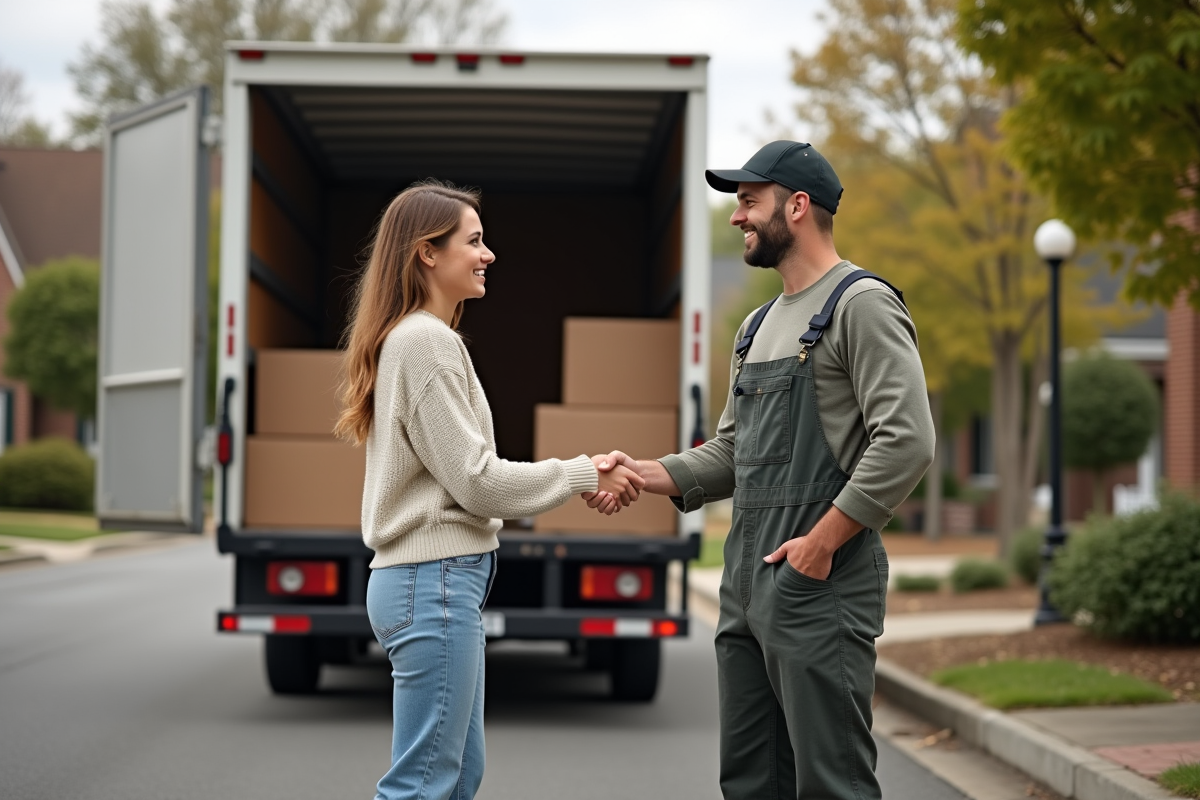 Femme et homme se serrant la main près d’un camion de déménagement