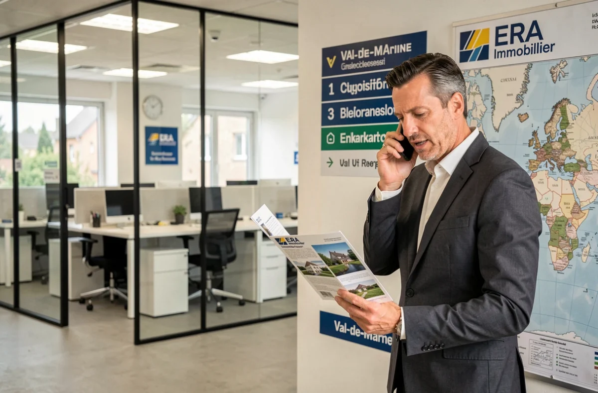 Agent ERA Immobilier en costume devant une carte du monde et le logo de l'agence internationale dans un bureau du Val-de-Marne